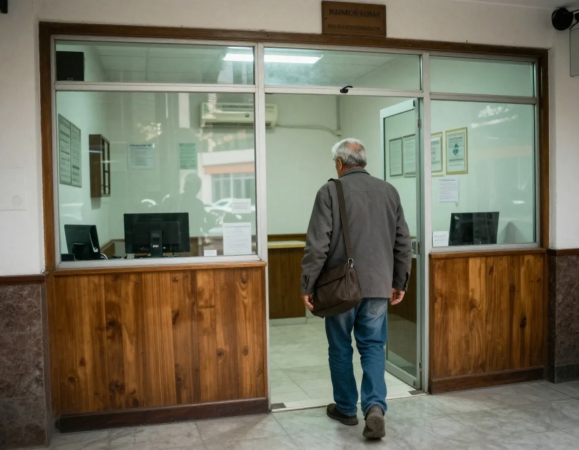 Persona mayor ingresando a una sucursal bancaria en una ciudad argentina