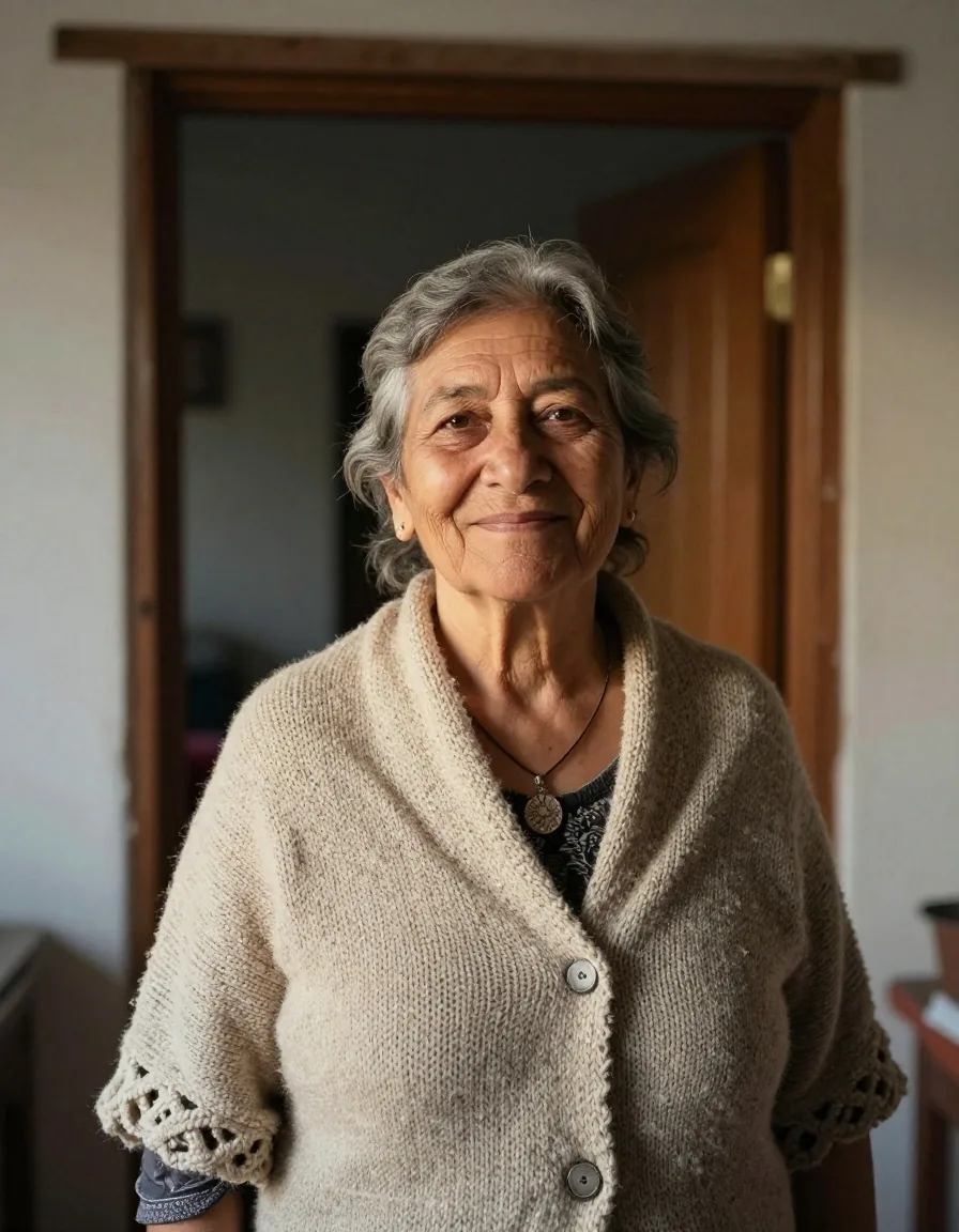 Retrato de una mujer jubilada en la puerta de su casa con luz de tarde