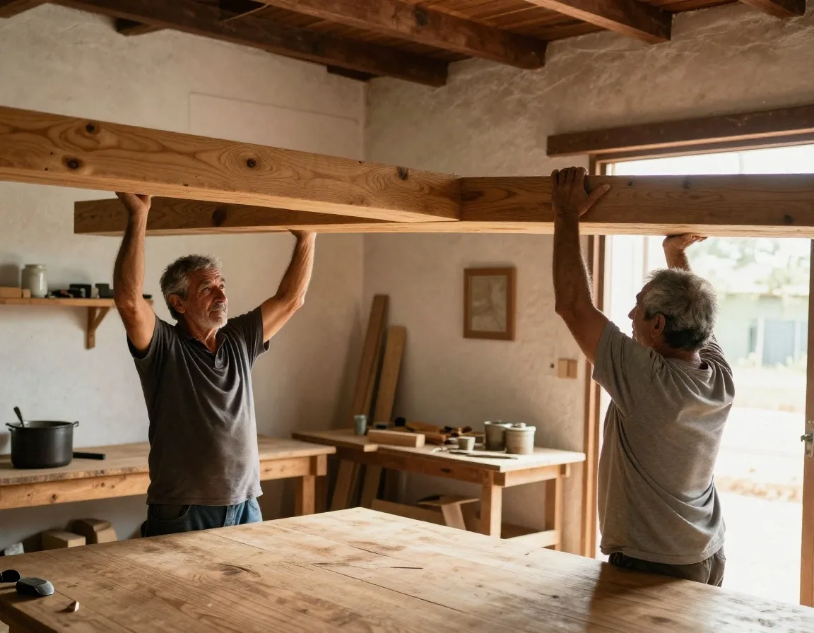 Manos levantando juntas una viga de madera bajo luz cálida