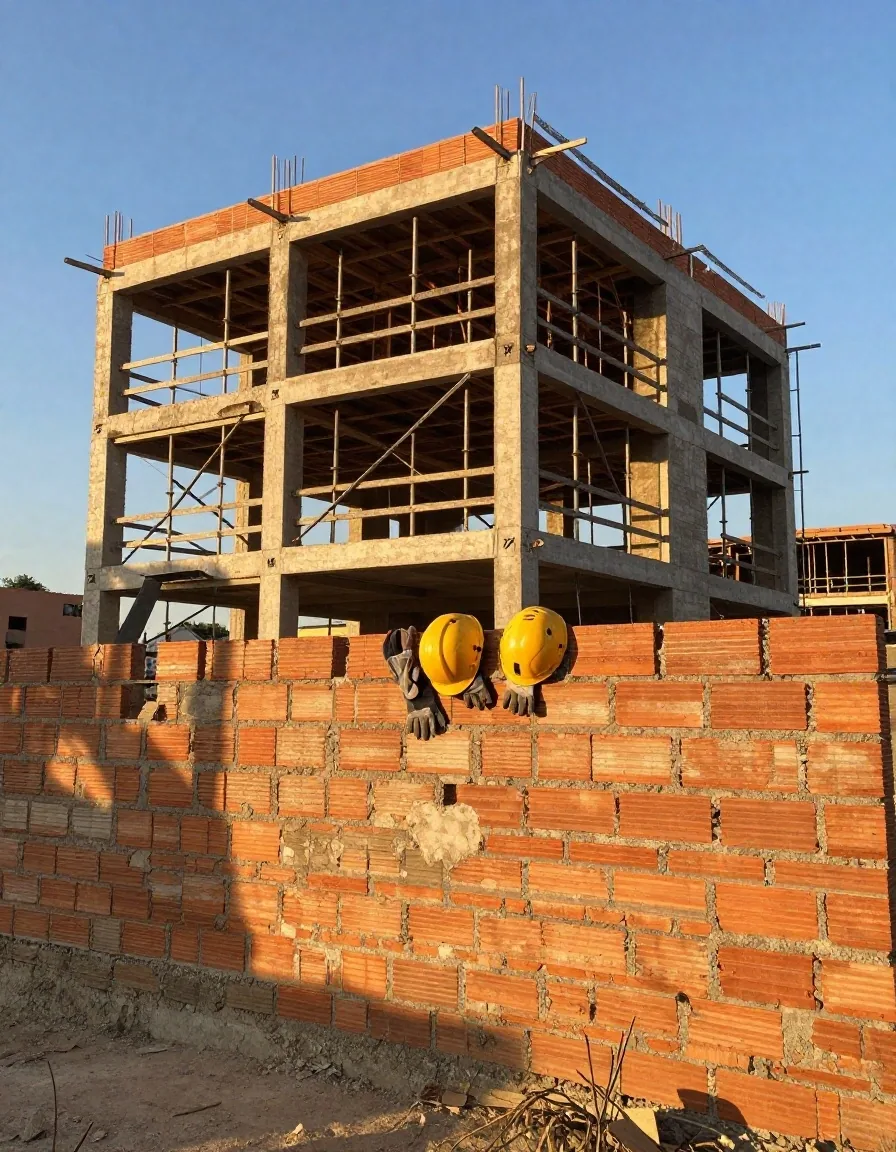 Manos de albañil con guantes y casco en obra a la tarde
