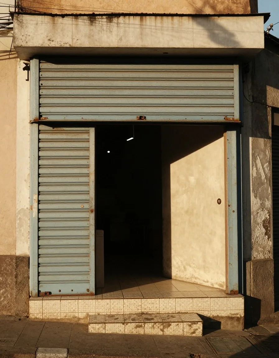 Retrato de trabajadora de comercio en puerta soleada