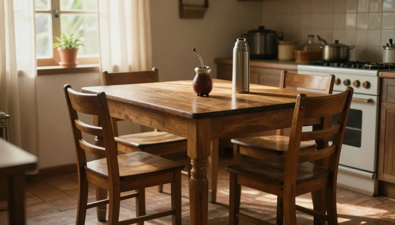 Mesa de cocina con papeles previsionales a la luz de la tarde