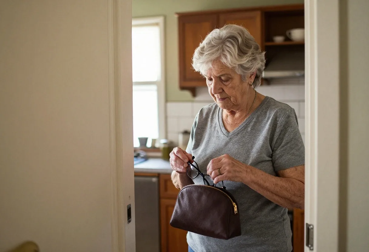 Mujer revisando papeles previsionales con anteojos en mesa de cocina