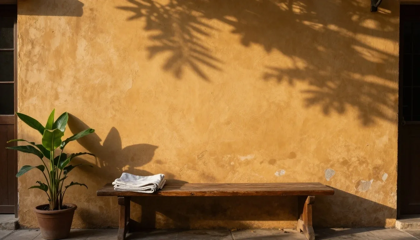 Pared de patio porteño con sol de tarde y sombras suaves