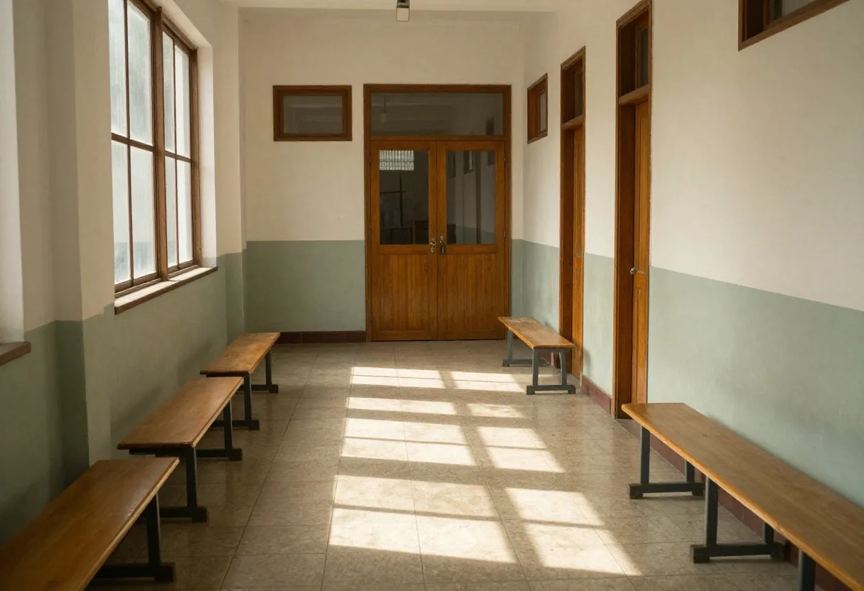 Aula con escritorio docente bajo luz cálida