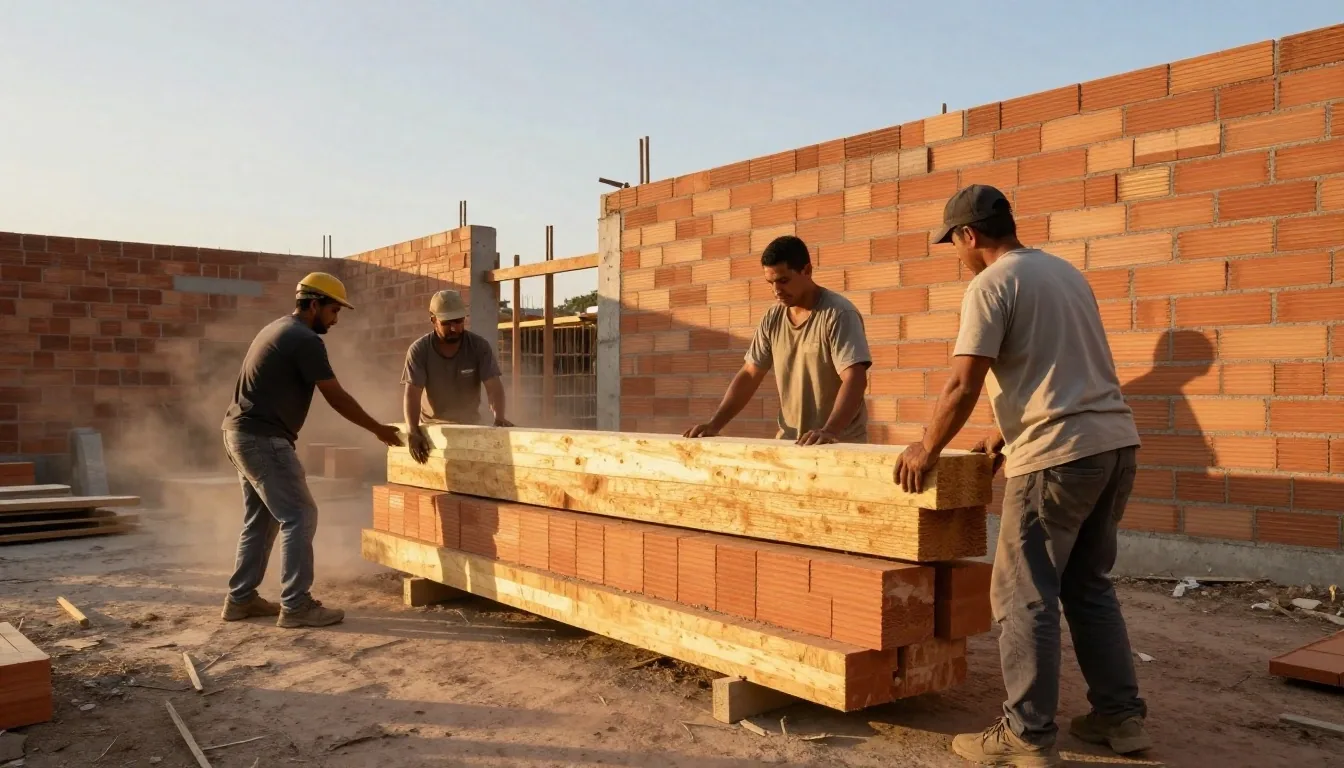 Trabajadores de construcción levantando un tirante al atardecer