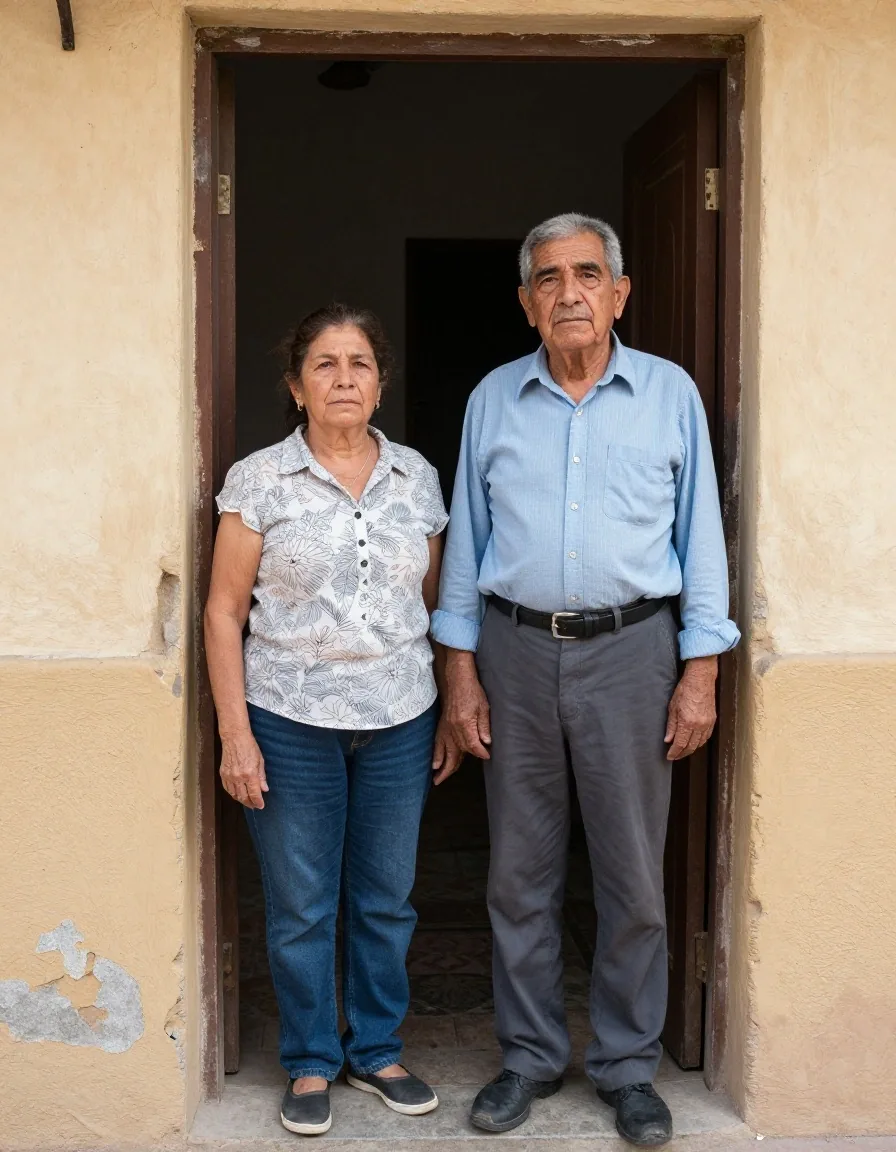 Retrato de trabajadora y trabajador en edad jubilatoria junto a una puerta con sol