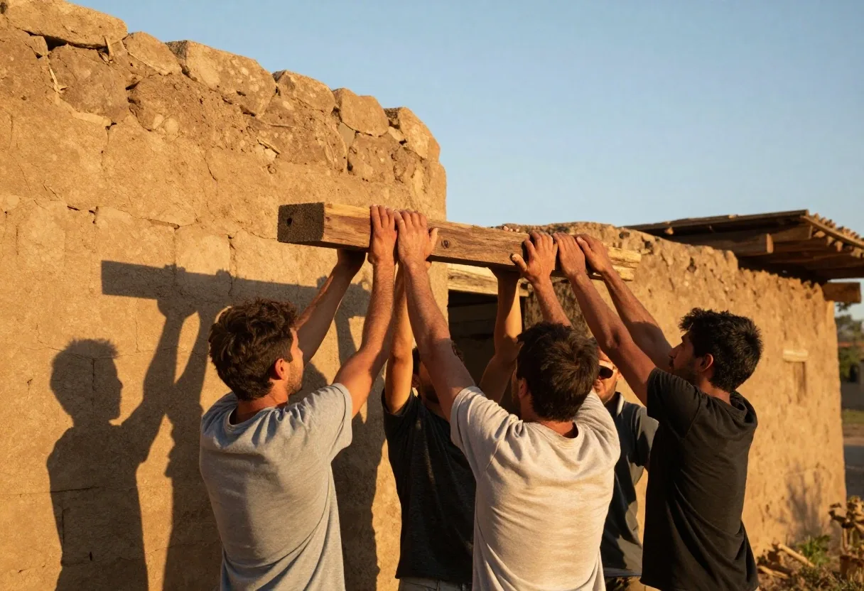 Manos que levantan juntas una viga de madera bajo el sol de la tarde