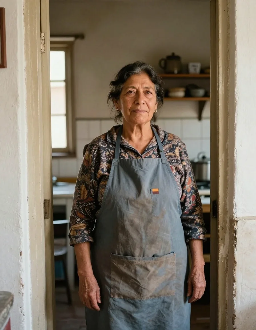Retrato de trabajadora próxima a jubilarse en la puerta de su cocina